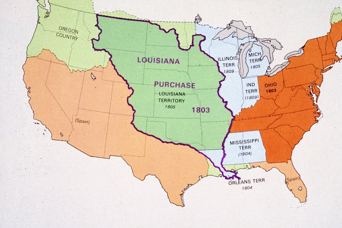 Карта станом на початок ХІХ століття. У центрі фіолетовим окреслено кордони Луїзіани, праворуч помаранчевим — територія тодішніх США.