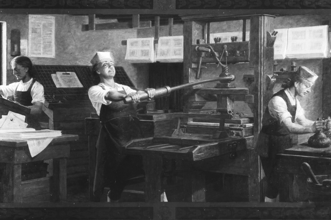 Бенджамін Франклін (у центрі) за роботою на друкарському верстаті на картині, опублікованій Detroit Publishing Company, 1914 рік.