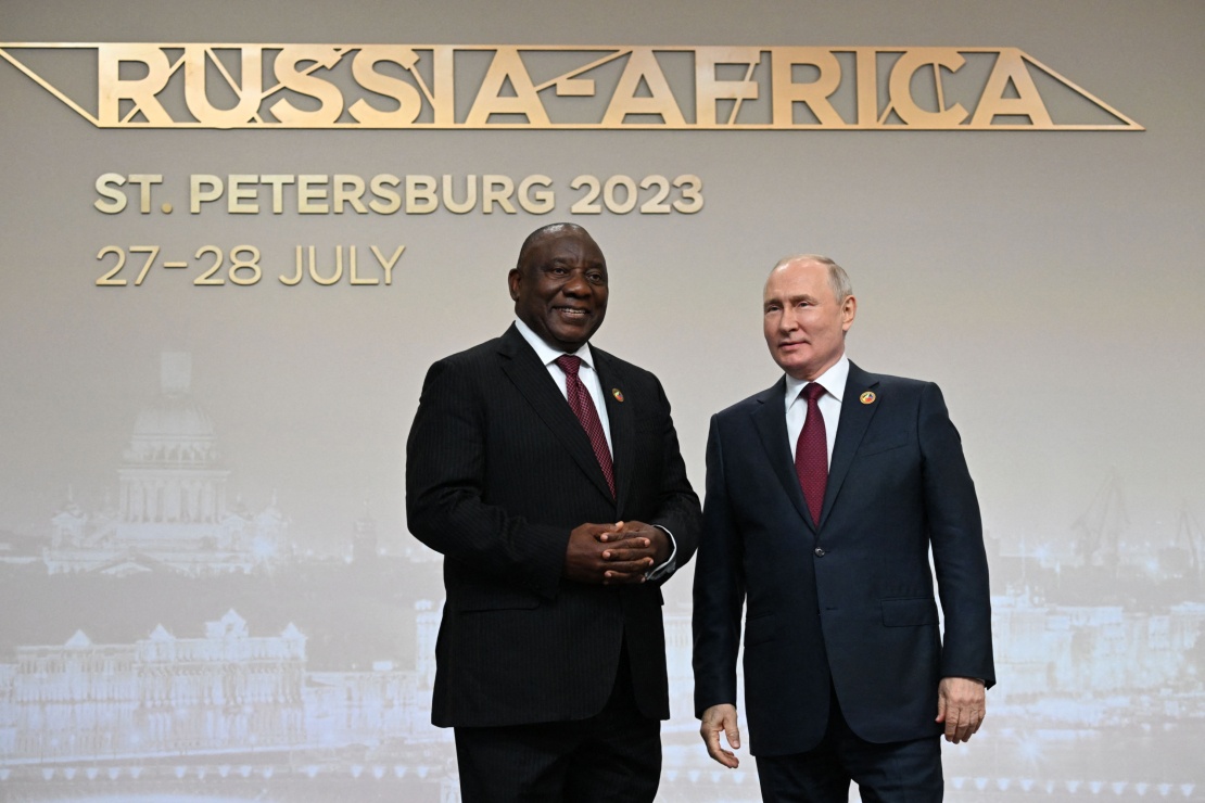 Vladimir Putin welcomes South African President Cyril Ramaphosa at the Russia-Africa Summit in St. Petersburg, July 27, 2023.