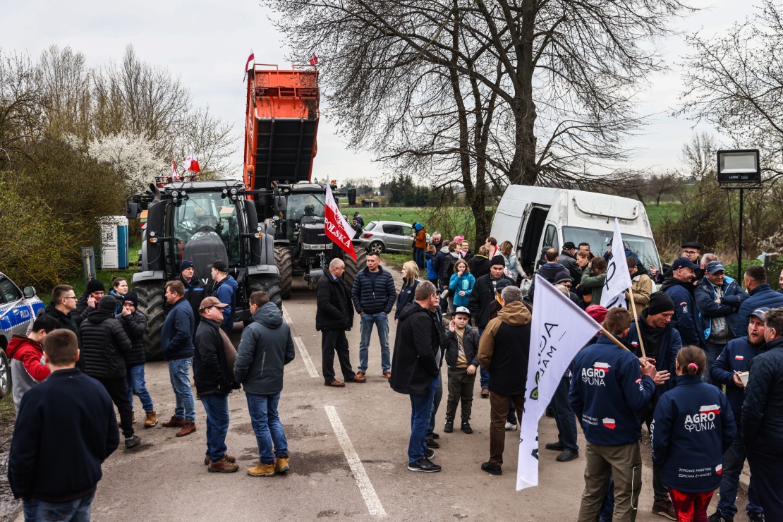 Farmers from the political movement Agrounia and trade unions protest near a railway on the border with Ukraine in Hrubeszów, Poland, on April 16, 2023.