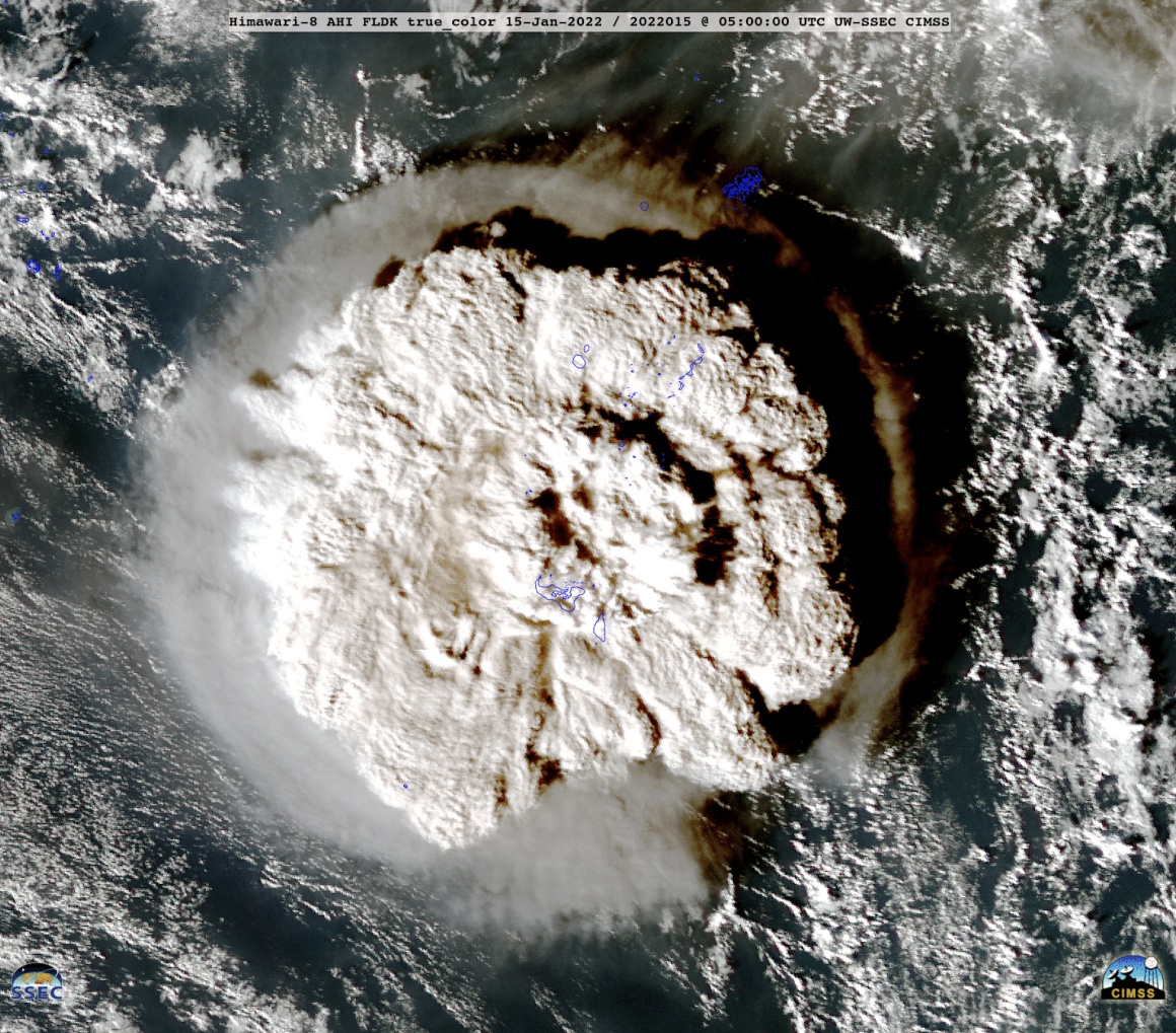 Супутниковий знімок, який показує розширення вулканічної хмари після виверження вулкана Хунга Тонга-Хунга, 18 січня 2022 року.