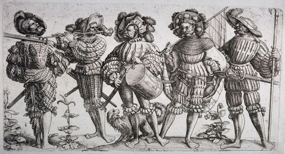 «Пʼять ландскнехтів», гравюра німецького гравера та зброяра Даніеля Гопфера, бл. 1530 року.