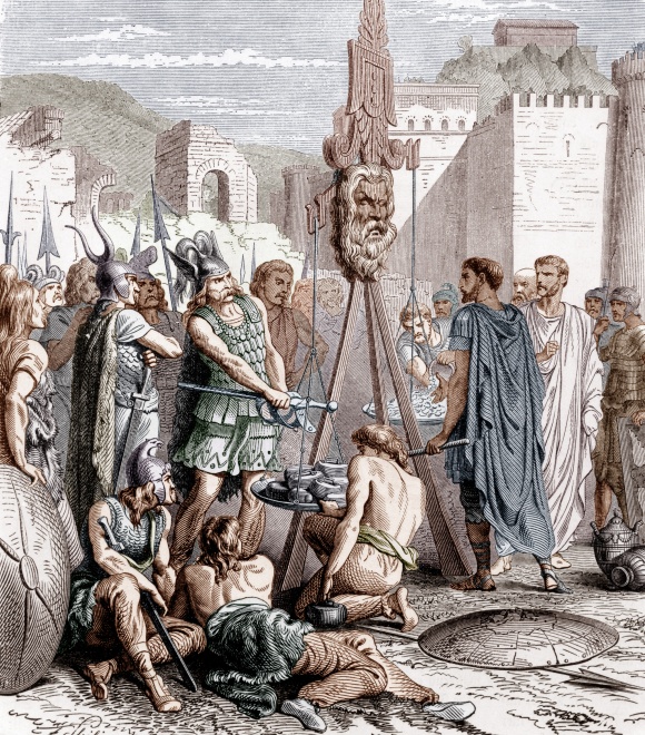 Сенони під проводом Бренна завойовують Рим. Бренн кладе свій меч на ваги під час зваження контрибуцій. Малюнок XIX століття.