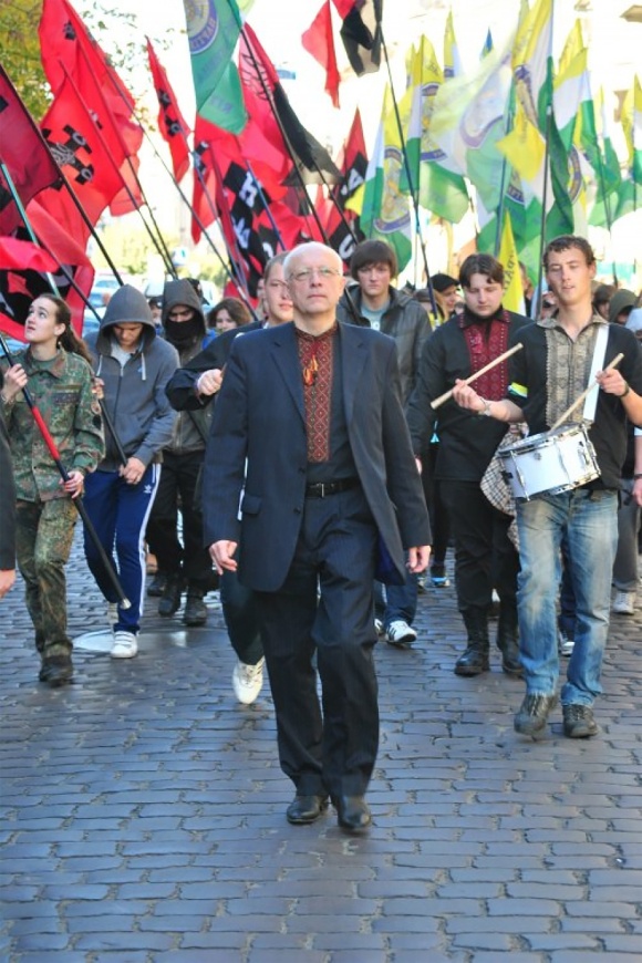 The head of the Ukrainian National Conservative Party Oleh Soskin during a march in Lviv.