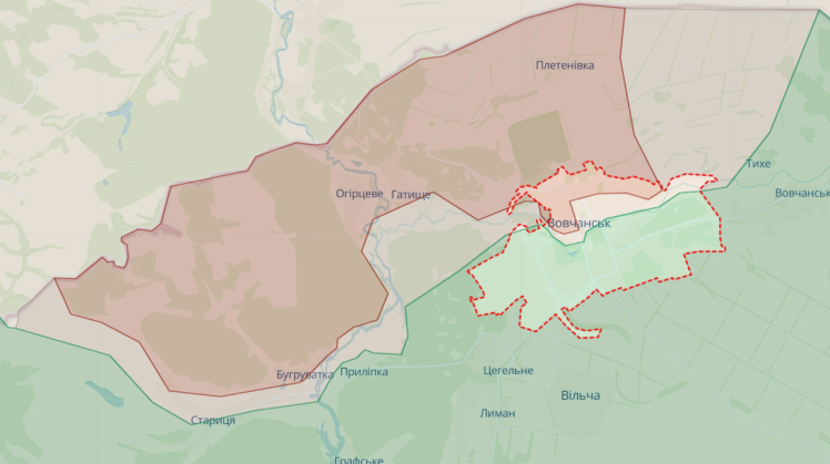 Карта боїв поблизу Вовчанська станом на 23:48 7 червня за даними аналітиків проєкту DeepState.
