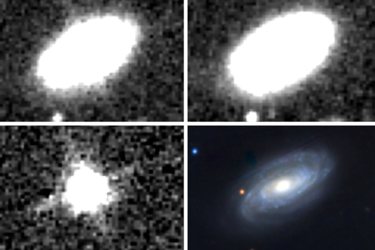 Зображення галактики, де сталася нова подія приливного зриву (TDE).&nbsp;Верхнє ліве інфрачервоне зображення показує спалах TDE у 2015 році, а верхнє праворуч — галактику в 2010—2011 роках до спалаху.&nbsp;Внизу ліворуч — інфрачервоне світло від самого TDE після видалення світла галактики.&nbsp;Внизу праворуч — галактика в оптичному світлі.