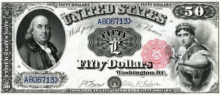 Бенджамін Франклін на банкноті $50 зразка 1880 року.