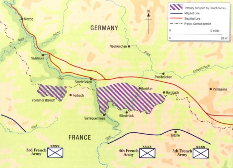 Карта Саарської операції 1939 року. Синім позначено Лінію Мажино, червоним — Лінію Зігфріда, штрихом — захоплені французами території.&nbsp;