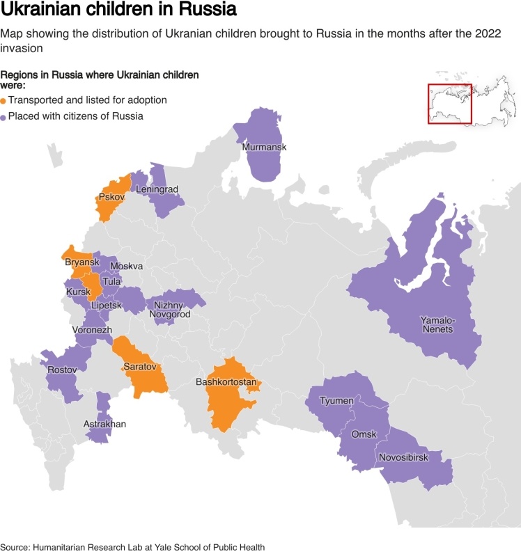 Регіони Росії, куди перемістили й де всиновлювали викрадених українських дітей.