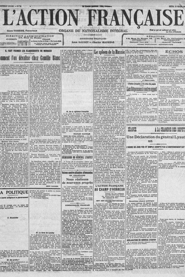 Відцензурований номер французької газети L'Action française за 15 березня 1917 року.