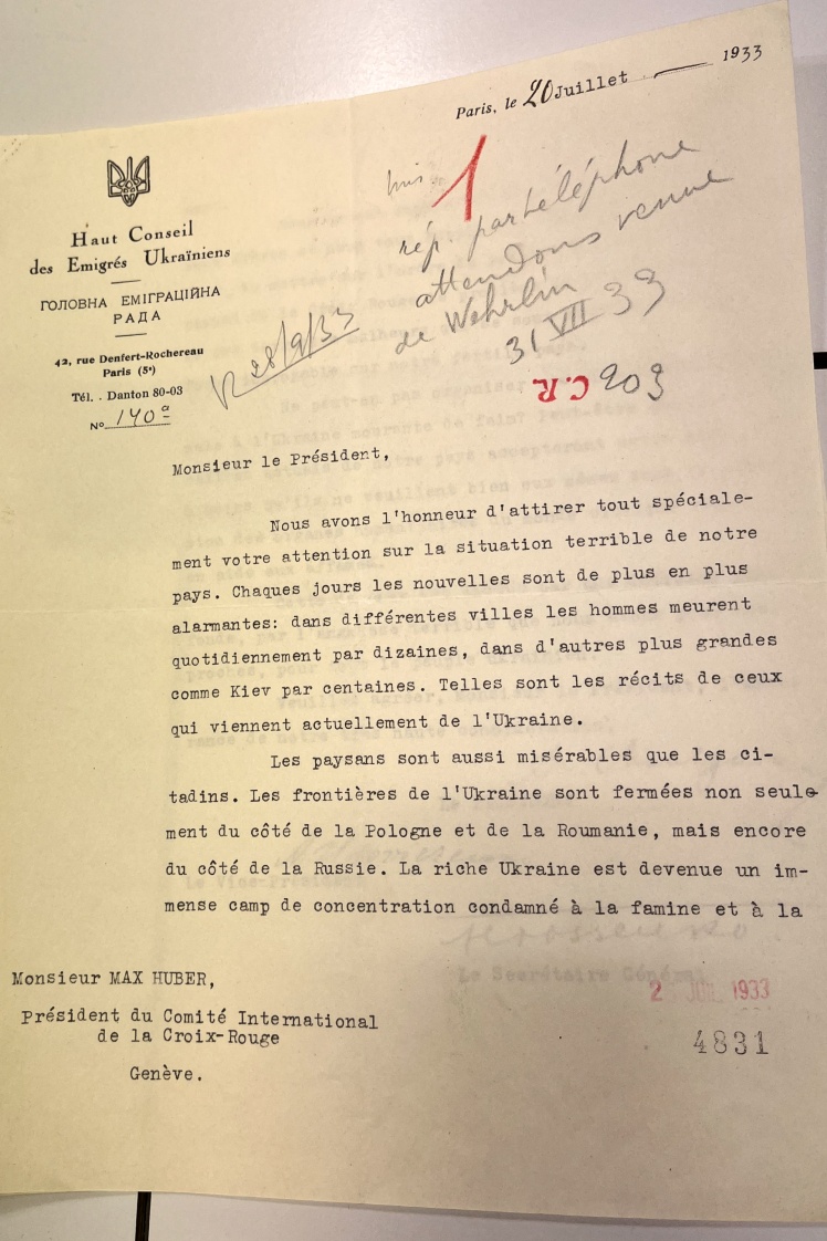 A letter from the Ukrainian diaspora to the headquarters of the International Committee of the Red Cross in Geneva about the famine in Ukraine.