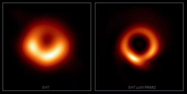 Ліворуч зображення чорної діри до обробки штучним інтелектом, а праворуч — після