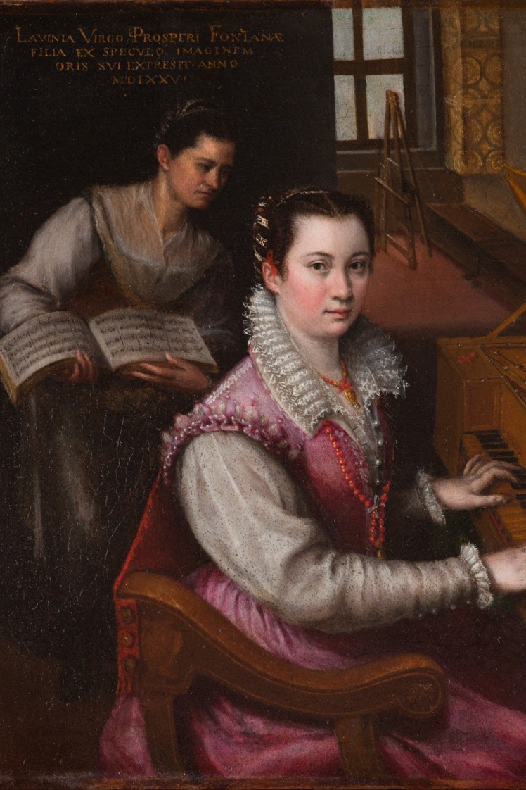 «Автопортрет за спінетом», Лавінія Фонтана, 1577 рік. «На ньому Фонтана грає на спінеті, а на задньому плані підсвічений її мольберт. Любовний вузол на інструменті відкриває важливу деталь: ця робота створена як подарунок майбутньому свекру художниці, якому вона хотіла показати свої таланти. Напис латиною ще виразніше демонструє її освіченість: «Лавінія, незаміжня донька Просперо Фонтана. Образ із дзеркала. 1577 рік».