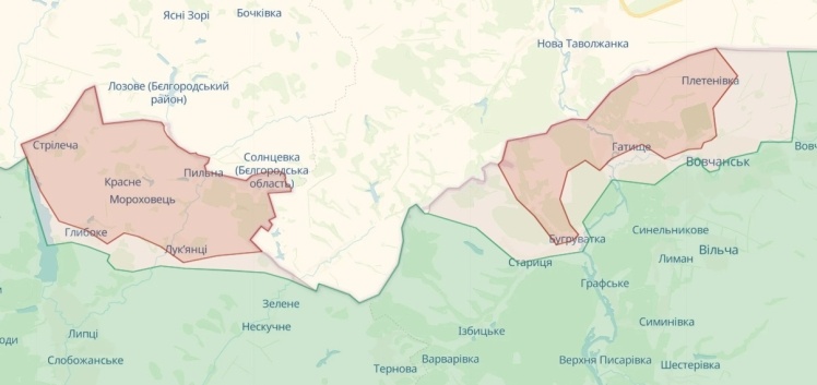 Мапа бойових дій на Харківщині станом на 14:20, за даними аналітиків проєкту DeepState.