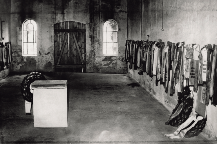 A cell in a Berlin prison where participants in the conspiracy against Hitler were tortured and executed, 1946.