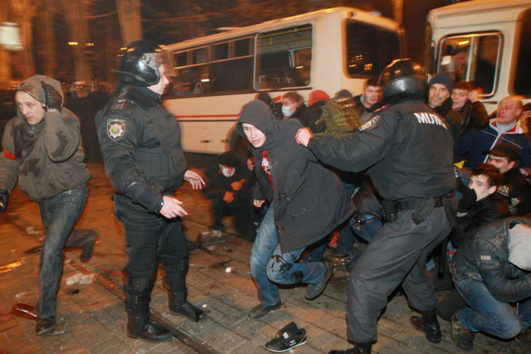 Dispersal of the pro-Ukrainian rally in Donetsk on March 13, 2014. The pro-Ukrainian activist Dmytro Chernyavskyi was killed there.