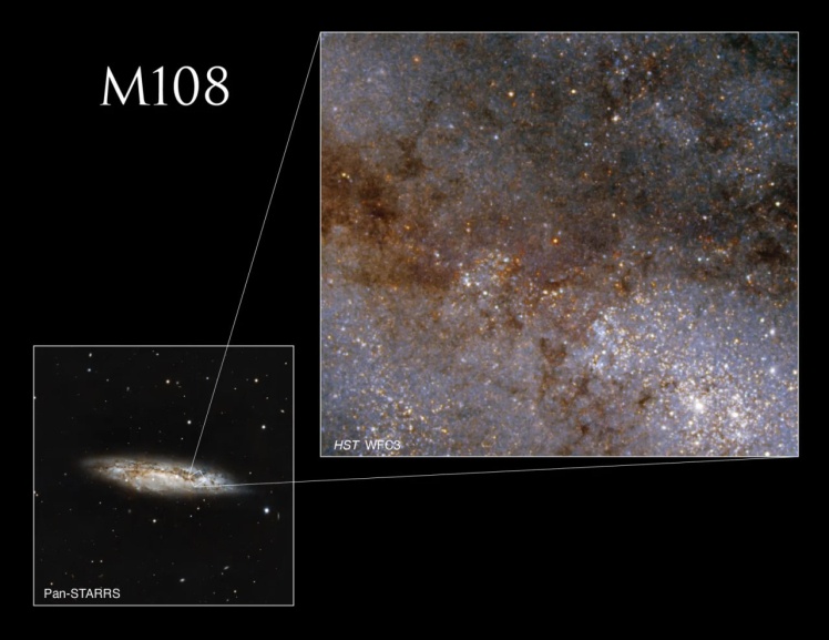 Внизу ліворуч вигляд Messier 108 із земних телескопів Pan-STARRS, праворуч — частина галактики, яку бачить космічний телескоп Hubble.