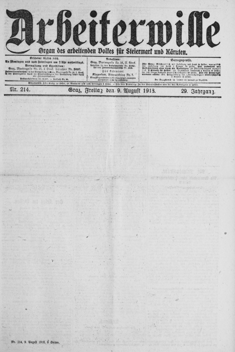 Відцензурований номер австрійської газети Arbeiterwille за 9 серпня 1918 року.