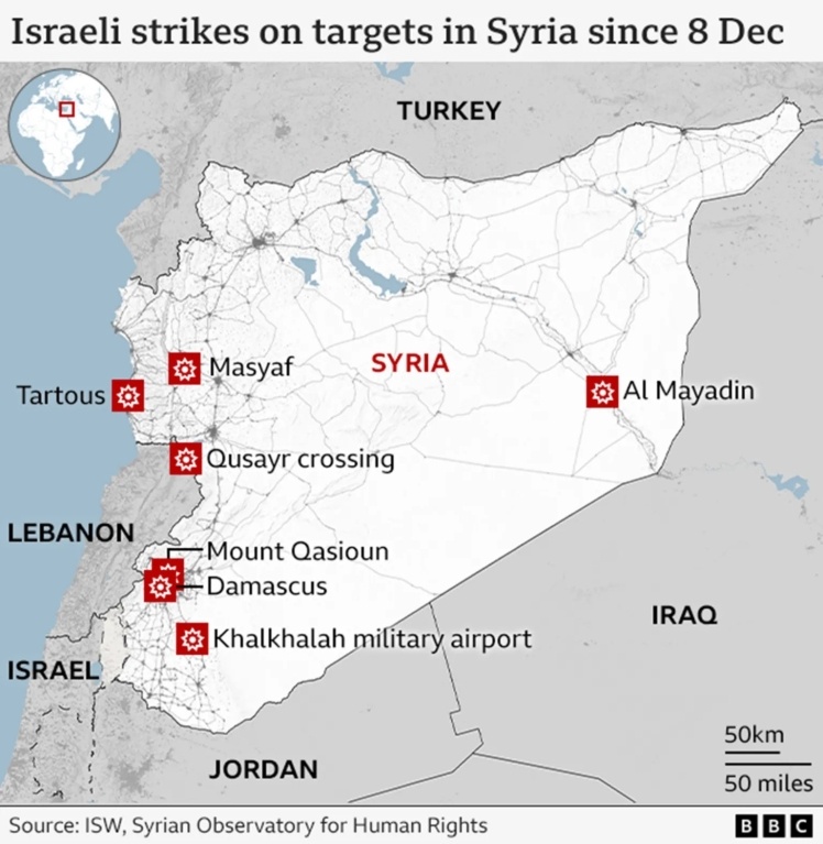 Israeli strikes on targets in Syria since December 8, 2024.