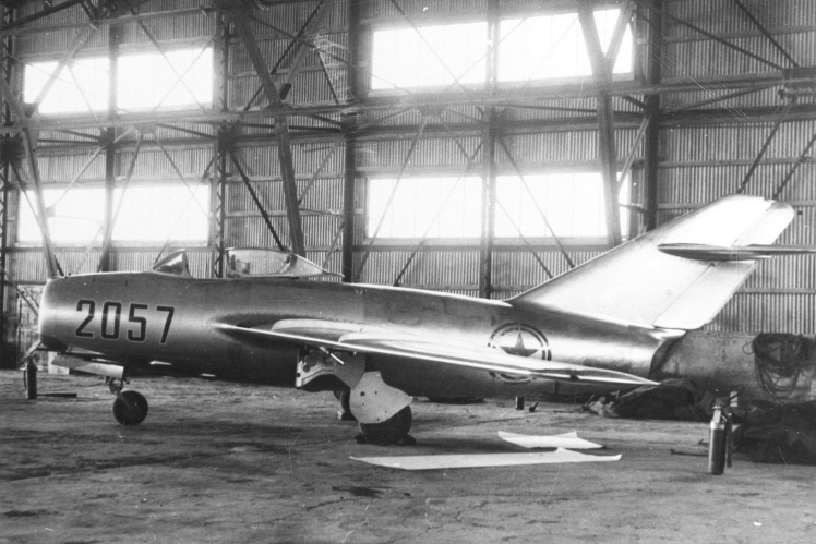 The MiG-15 in which No Kum-sok escaped, in a hangar at Gimpo Air Base, September 1953.