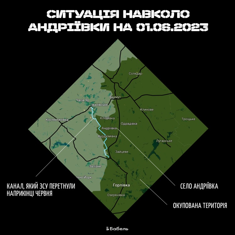 The situation in the Bakhmut region as of June 1, before the start of the operation to capture Andriivka and Klishchiivka. Blue is the canal whicn Ukrainian military crossed in early June. Dark green are occupied territories, village Andriivka is in the center of the map.