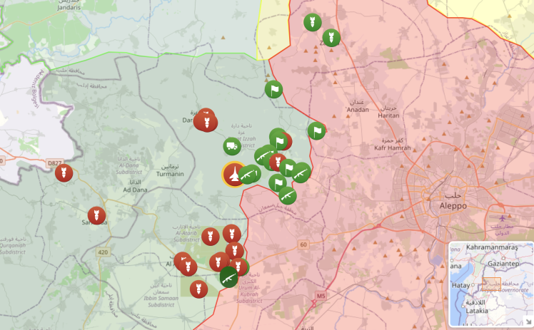 Green is the territory controlled by the opposition, and red is the Assad regime.