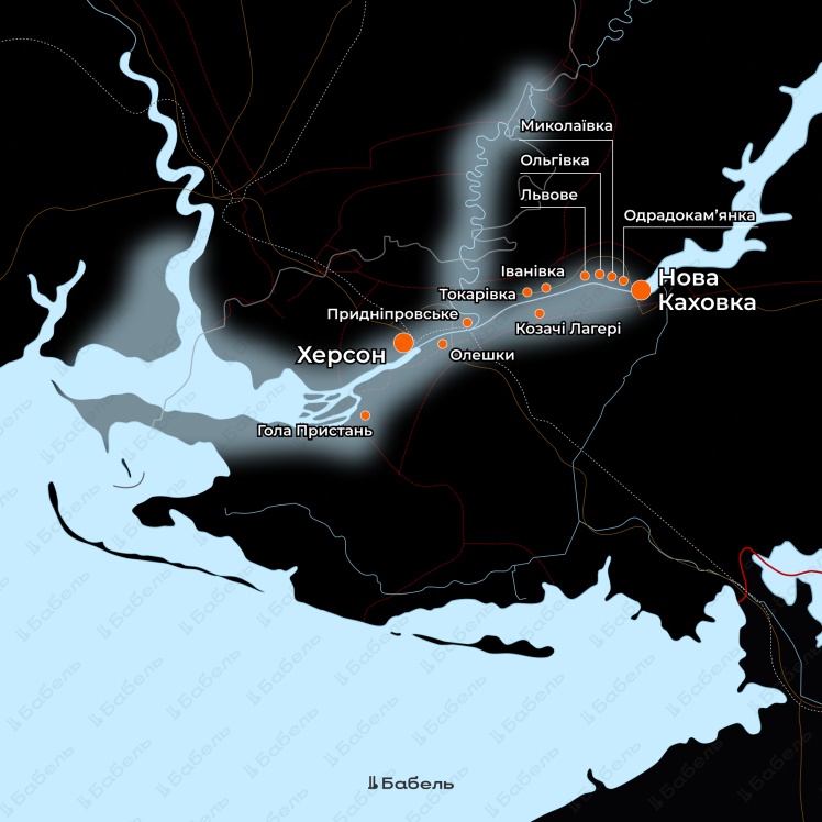 Map of flooded settlements of Kherson region.