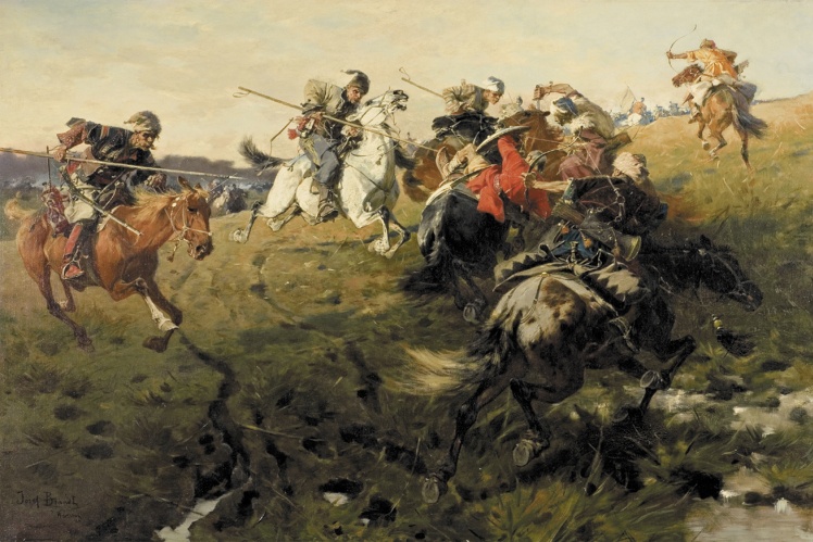 Painting by the Polish artist Józef Brandt "Fight of Cossacks with Tatars", 1890.