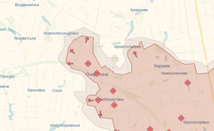 Просування російських військ поблизу Очеретиного за версією аналітиків проєкту DeepState.