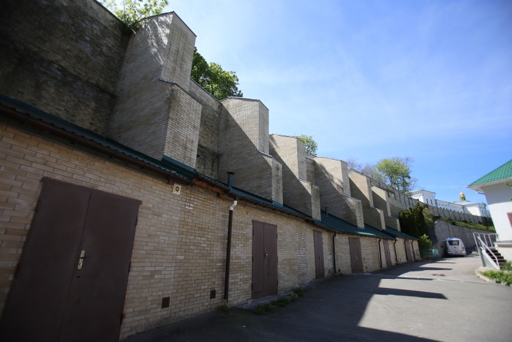Garages along the historic wall.