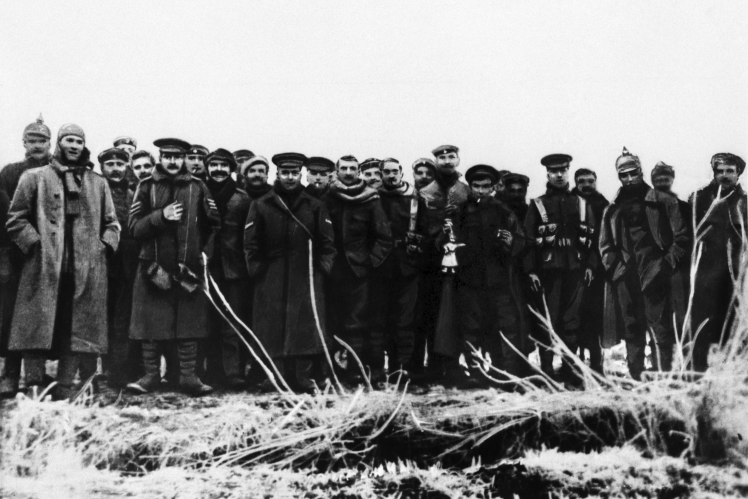 British and German soldiers during the Christmas Truce, December 25, 1914.