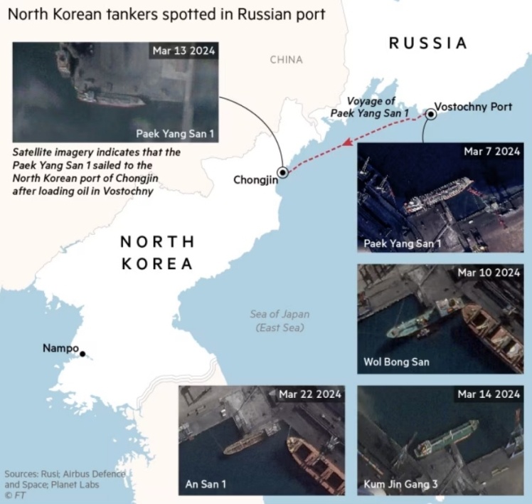 Satellite images showing Russian tankers in the North Korean port.