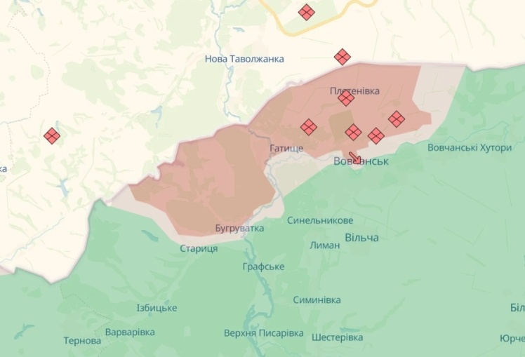 Карта боїв поблизу села Стариця на Харківщині, за даними аналітиків проєкту DeepState.