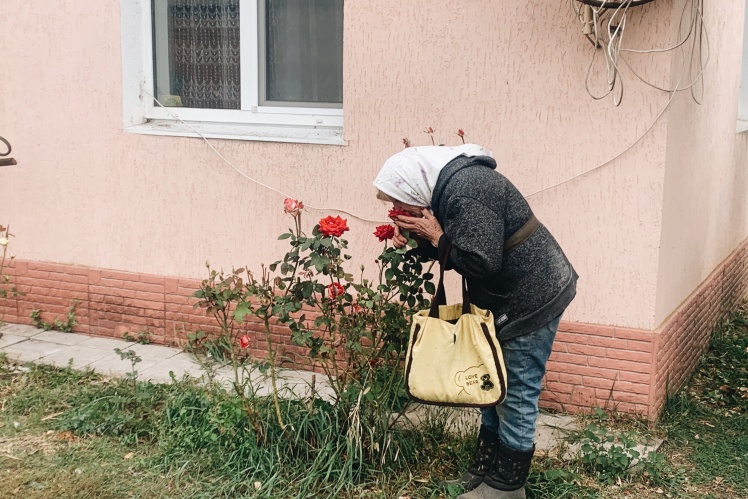 Maria, a friend of the dead, comes to feed the dog and chickens. He says that Nina Hryb loved roses, thatʼs why her yard is full of flower bushes.
