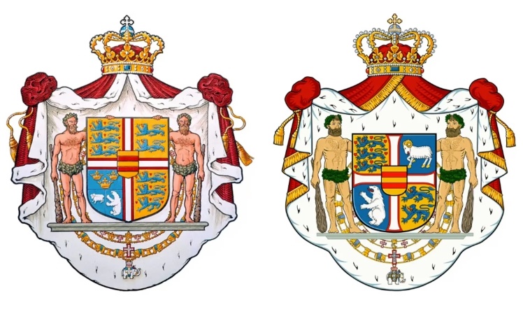 On the left is the old version of the Royal Coat of Arms of Denmark. On the right is the updated one, with symbolic images of a polar bear and a ram.