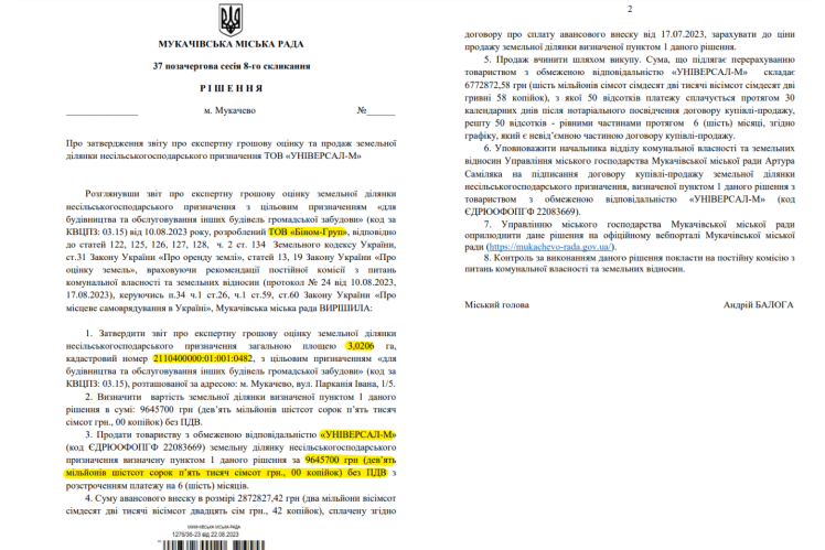 Рішення Мукачівської міськради про згоду провести оцінку землі під стадіоном «Авангард».