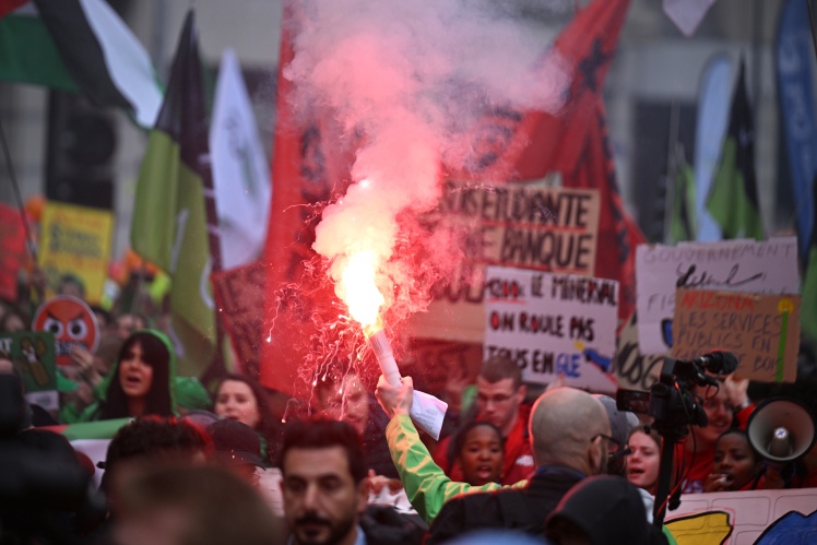 National strikes in Brussels. Workers in both the public and private sectors protest against the federal governmentʼs planned cuts to social spending, October 14, 2025.