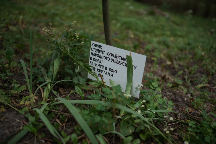 The names of Ukrainians who died near Kruty in January 1918 are written on plaques and placed along the paths at Askoldʼs Grave.