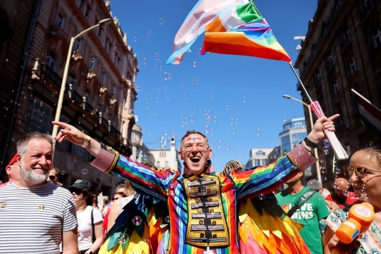Participants in the LGBTQ+ pride march in Budapest.
