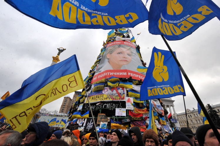 Символ протесту — каркас новорічної ялинки, через яку «Беркут» побив студентів, що радикально змінило хід подій. Величезний портрет Юлії Тимошенко висів на ялинці як нагадування, що Янукович відправив її до в’язниці.