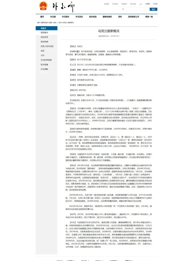 «Національний профіль України» на сайті МЗС КНР станом на березень 2024 року.
