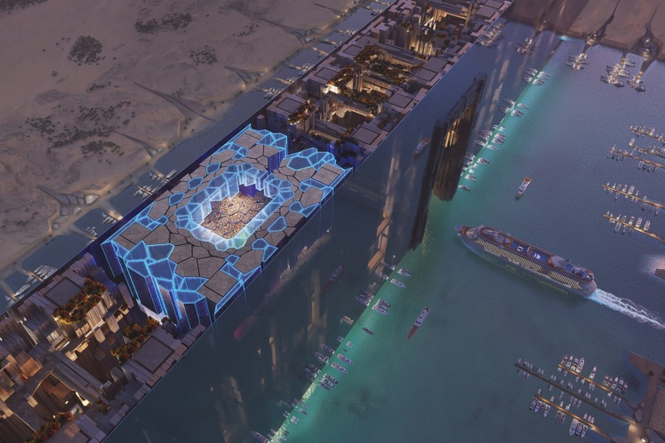 Так за задумом розробників має виглядати The Line зверху: видно і приховану пристань для яхт, і стадіон на верхньому рівні.