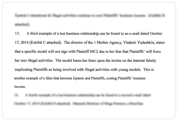 Cудовий позов Жана-Люка Брюнеля проти власника вебхостингу Тайлера Макдональда, де згадується 1Mother Agency, 2014 рік.