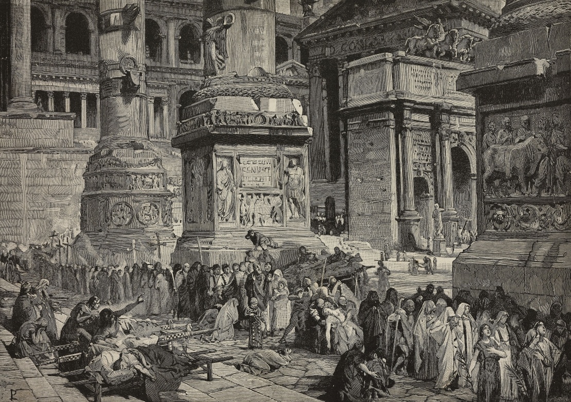 Хресна хода в Римі під час чуми 590 року. Гравюра для ілюстрації тому «Середні віки» LʼIllustrazione Italiana, 1890 рік.