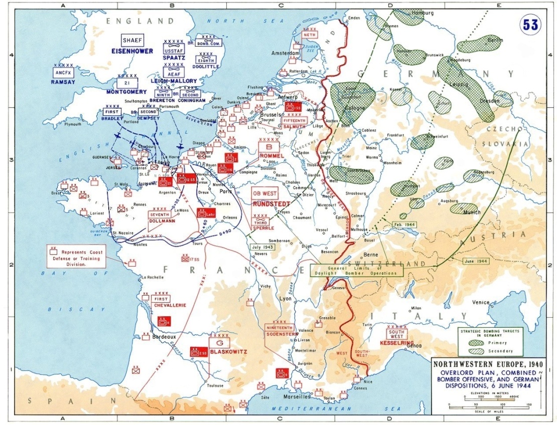Карта Нормандской операции, на которой обозначены реальные места высадки десанта союзников и расположение немецких войск.