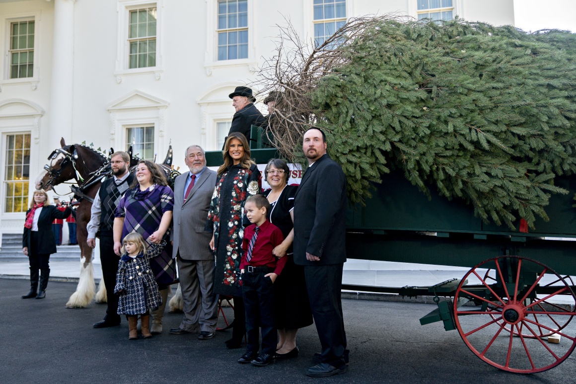 Перша леді США Меланія Трамп, Ларрі Снайдер з Mahantongo Valley Farms (п'ятий справа) і його сім'я поруч з різдвяною ялинкою в Північному портику Білого дому у Вашингтоні.
