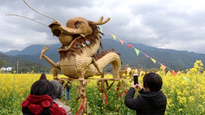 У Китаї учасники Фестивалю квітів встановили на полях опудала драконів і свинки Пеппи. Як вони виглядають?