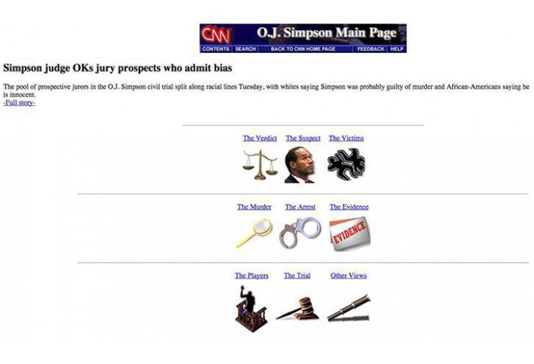 Головна сторінка амерканской телекомпанії CNN з новиною про суд над О. Джей Сімпсоном. У мережі з 1995 року