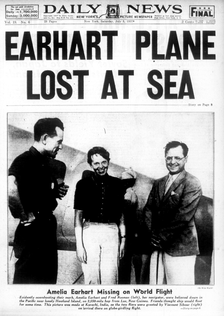 Первая полоса издания Daily News от 3 июля 1937 года, вышедшая под заголовком «Самолет Эрхарт исчез в море».