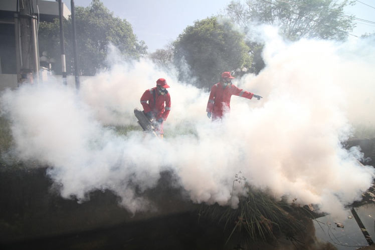 Медпрацівники за допомогою фумігації обробляють площу міста Лхоксеумаве у провінції Асех в Індонезії. Фумігацію часто використовують для попередження випадків гарячки денге та запобігання поширенню нового коронавірусу.